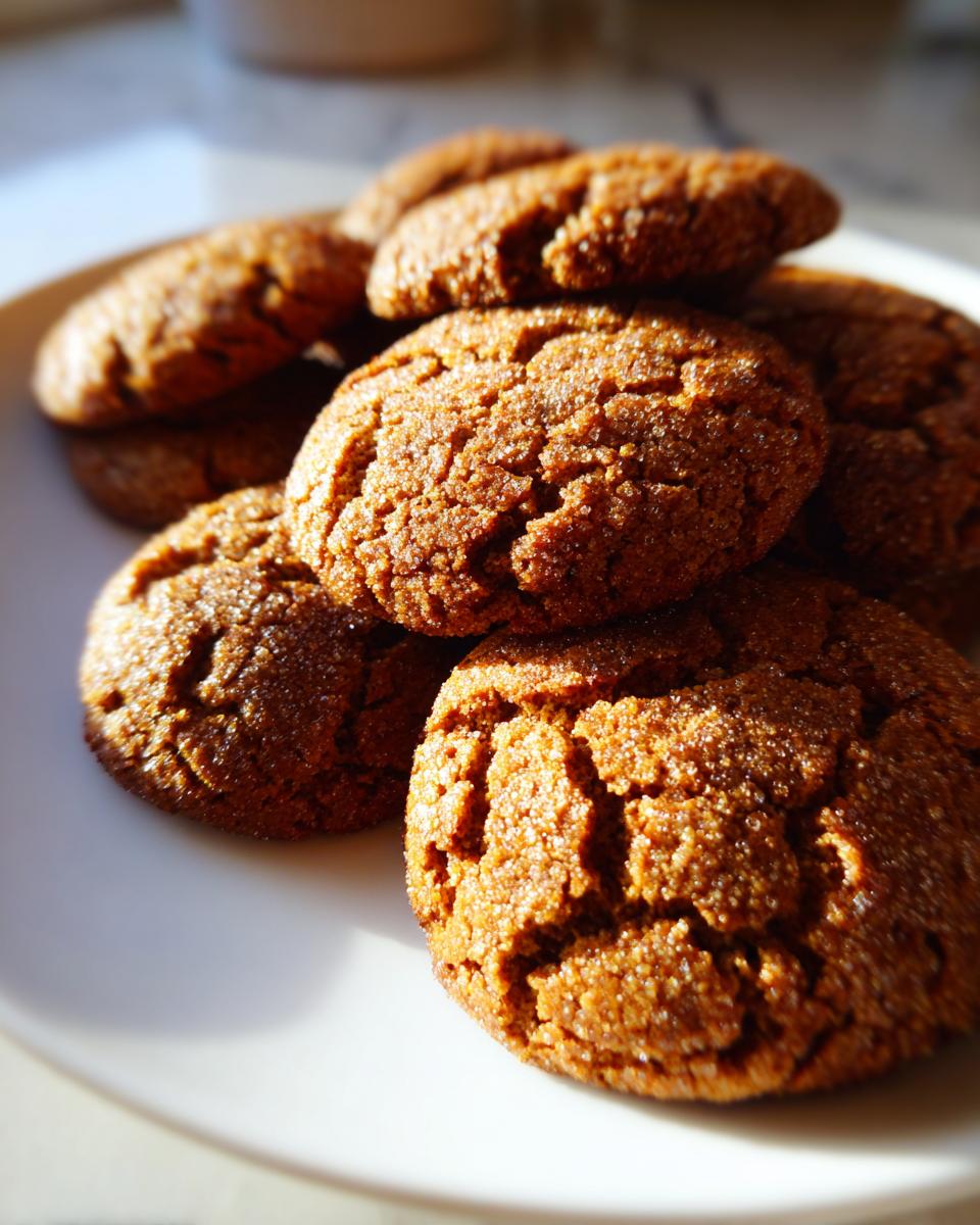 A close-up stack of rich, crinkled Chai Spiced Apple Butter Cookies dusted with sugar, catching the sunlight.