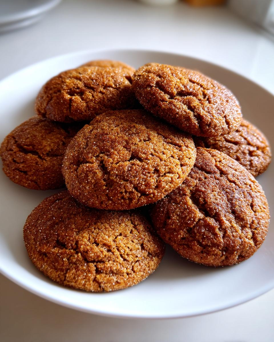 A close-up of several soft, crinkled Chai Spiced Apple Butter Cookies stacked on a white plate.