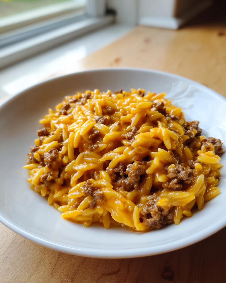 A close-up of creamy, cheesy Cheeseburger Orzo mixed with ground beef served in a white bowl.