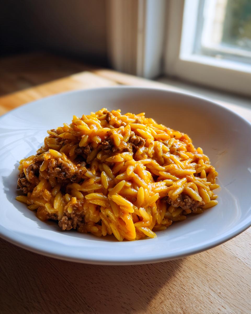 A close-up of a hearty serving of creamy, cheesy Cheeseburger Orzo mixed with ground beef in a white bowl.