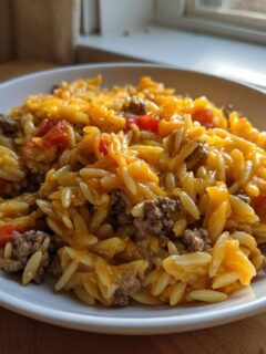 A white bowl filled with cheesy Cheeseburger Orzo mixed with ground beef and diced tomatoes, set on a wooden surface.