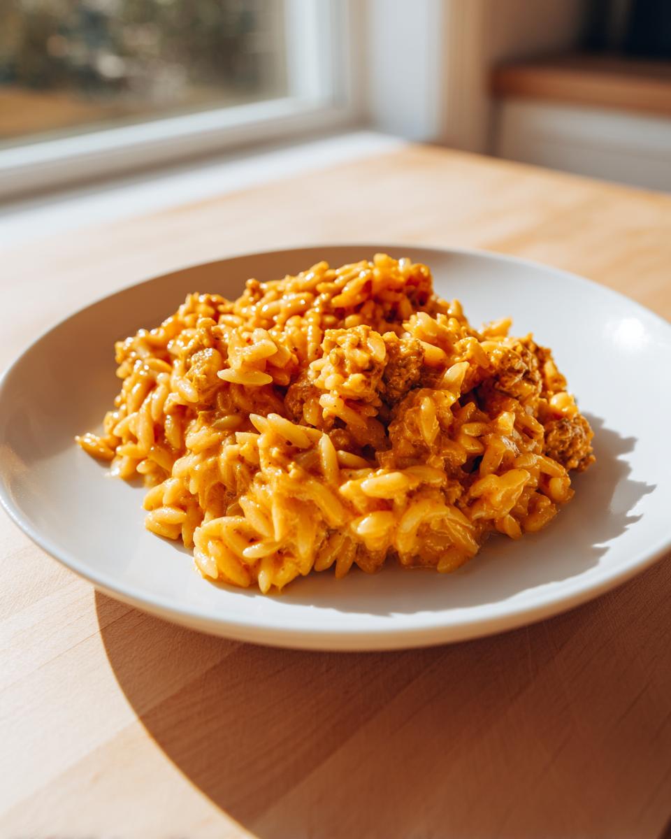 A serving of creamy, orange-hued Cheeseburger Orzo with ground meat mixed into the pasta on a white plate.
