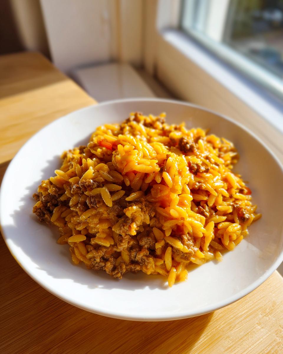 A white bowl filled with creamy, cheesy Cheeseburger Orzo mixed with ground beef, sitting on a wooden surface near a bright window.