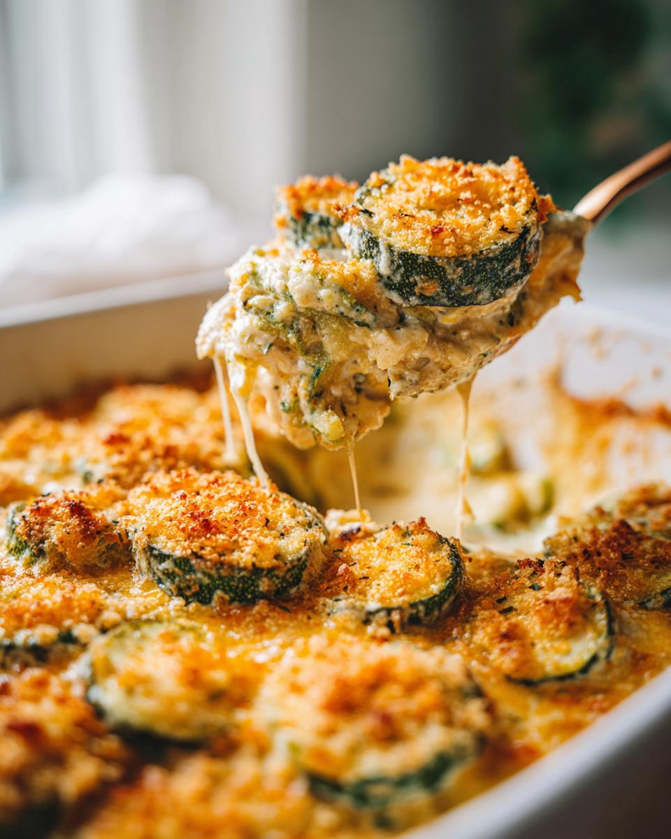 A spoonful of Cheesy Baked Zucchini Casserole showing melted cheese stretching as it's lifted from the baking dish.
