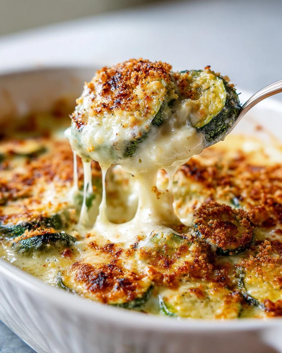 A spoonful of Cheesy Baked Zucchini Casserole showing extreme cheese pull over the baked zucchini slices.