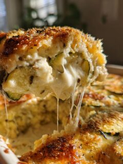 A spoonful of Cheesy Baked Zucchini Casserole showing melted cheese stretching as it's lifted from the baking dish.