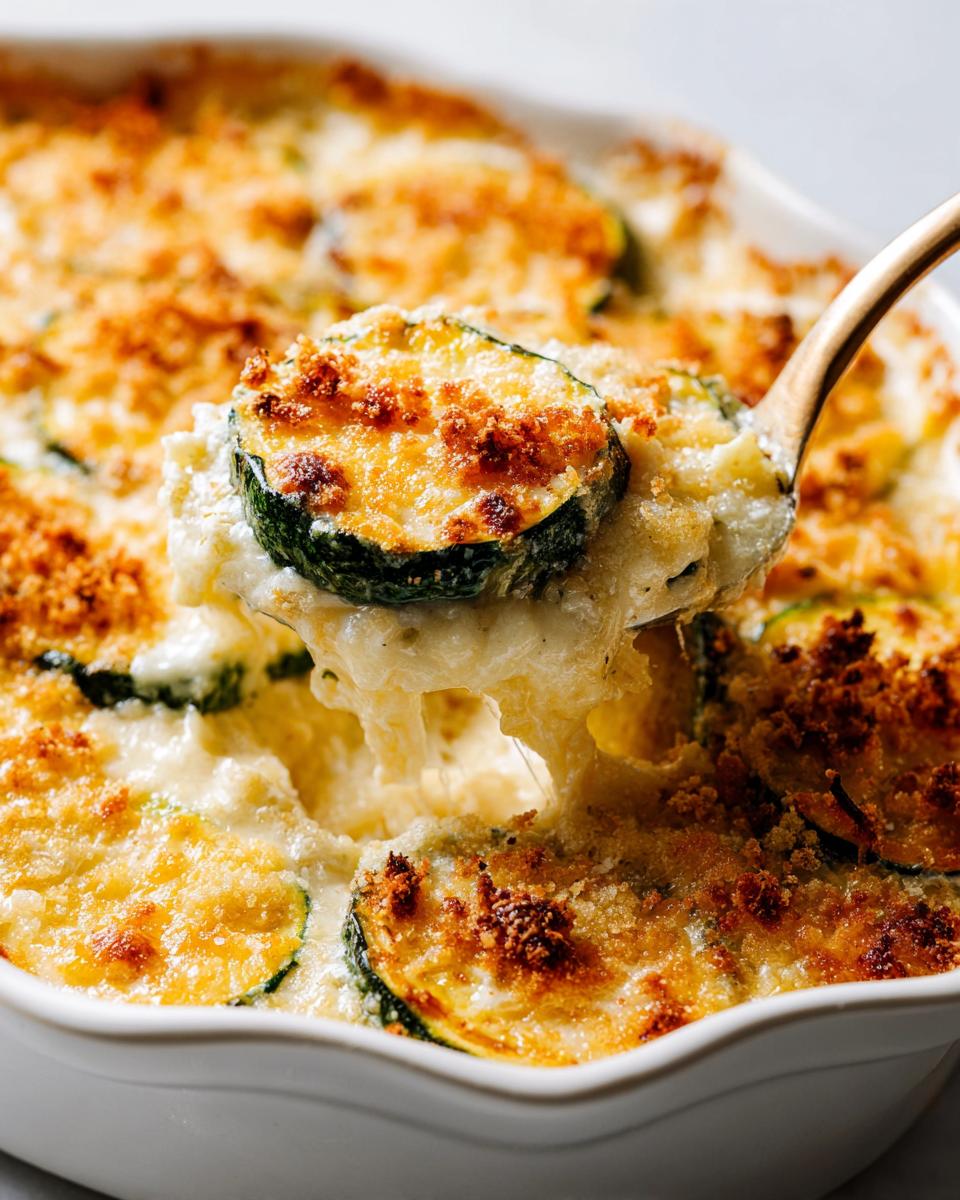 A spoonful of creamy Cheesy Baked Zucchini Casserole showing melted cheese pull and a browned zucchini slice.