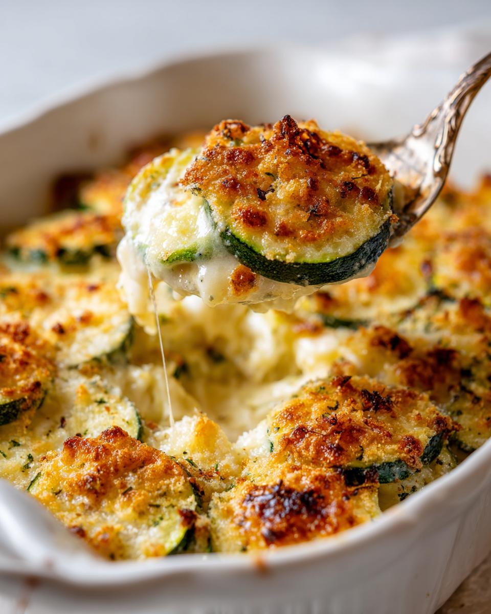 A spoonful of Cheesy Baked Zucchini Casserole showing melted cheese pull and a golden-brown topping.