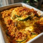 A spoonful of Cheesy Baked Zucchini Casserole showing melted cheese pull and a golden brown breadcrumb topping.