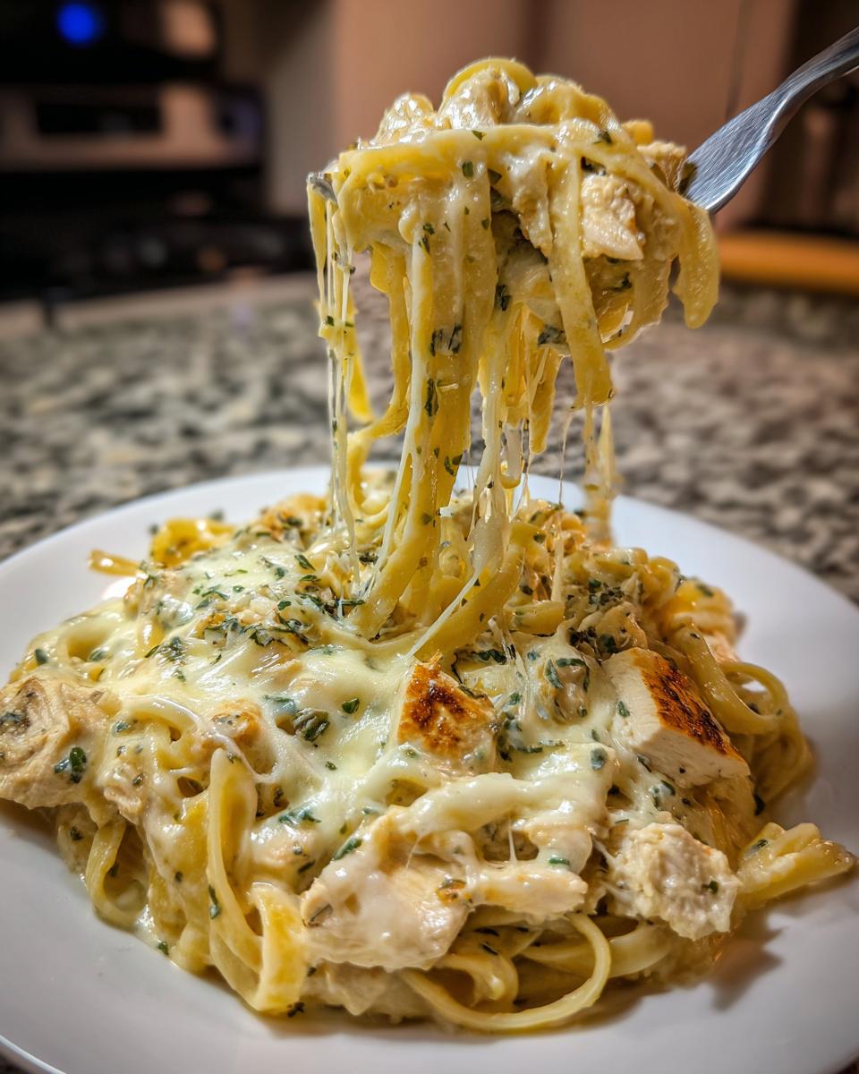 A fork lifts a serving of cheesy Freezer Friendly Chicken Alfredo Bake, showing long, melted cheese pulls over fettuccine pasta and chicken chunks.