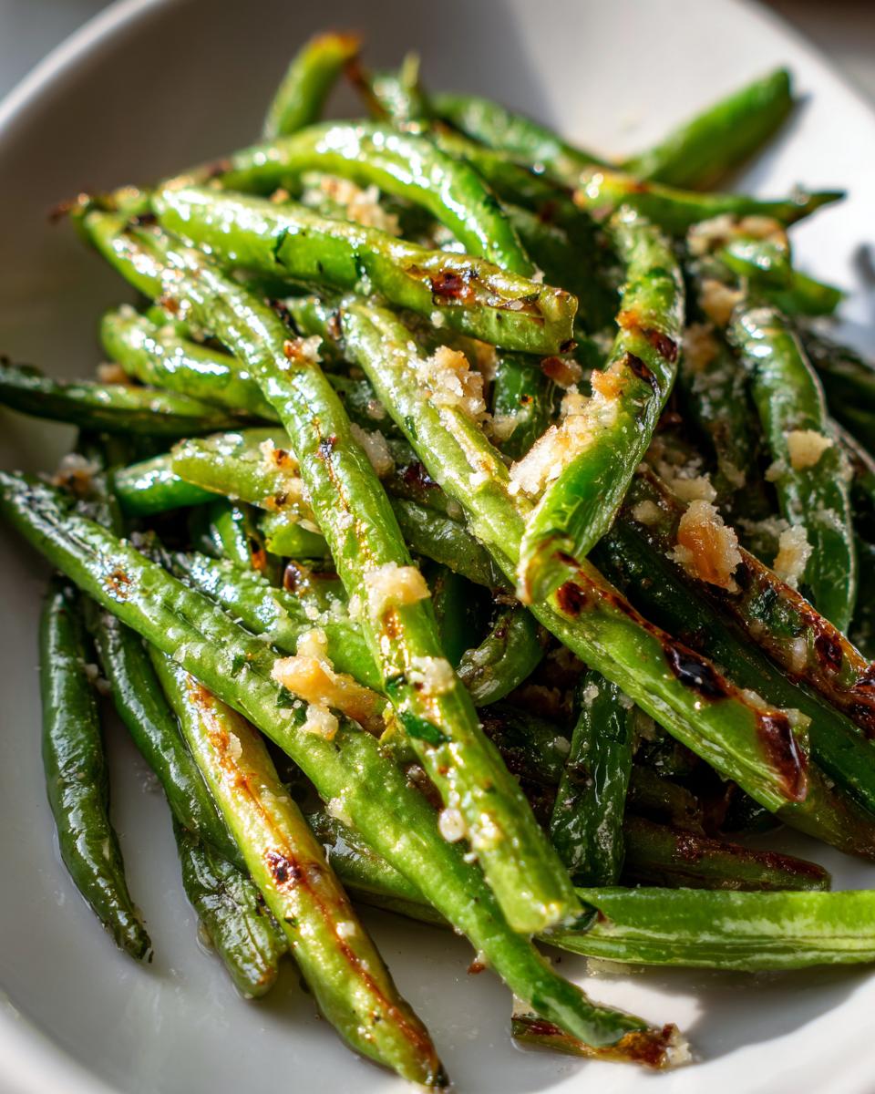 Close-up of bright green beans saut&eacute;ed and topped with grated cheese, showcasing the Cheesy Garlic Green Beans recipe.