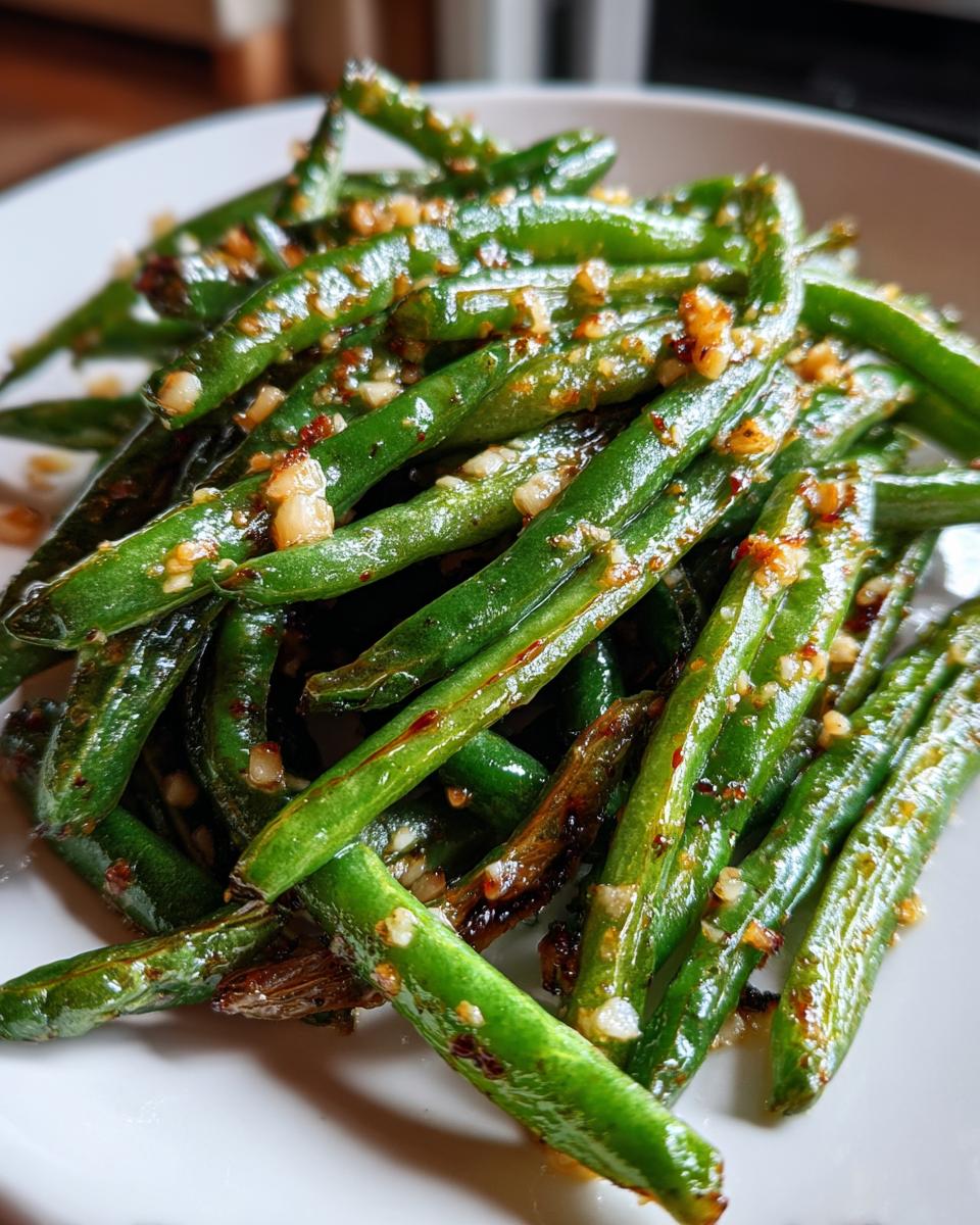 A close-up shot of vibrant green beans tossed with minced garlic and a cheesy glaze, highlighting the Cheesy Garlic Green Beans.