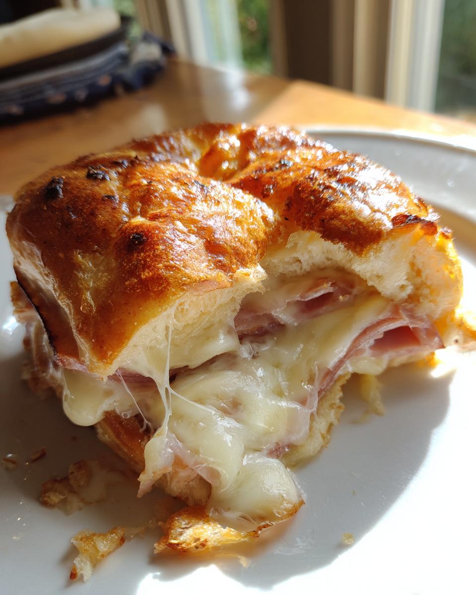 Close-up of a cheesy Hot Ham And Cheese Sliders, showing melted cheese stretching between the toasted bun halves and layers of ham.