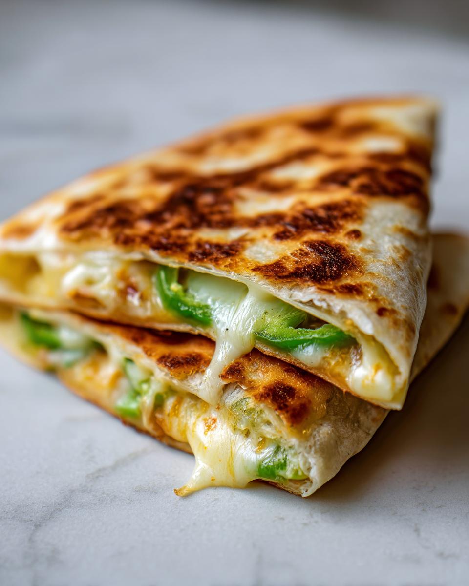 Close-up of two stacked slices of Cheesy Jalapeno Onion Tortilla with melted cheese oozing out and visible green jalapeno pieces.