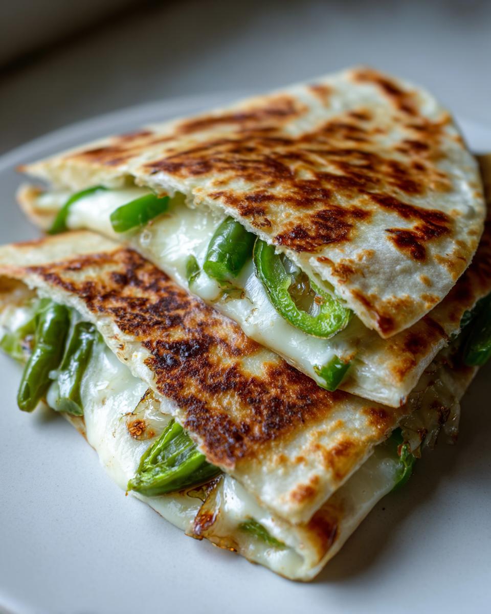 Close-up of a folded and grilled Cheesy Jalapeno Onion Tortilla, oozing melted white cheese and green jalapeno slices.