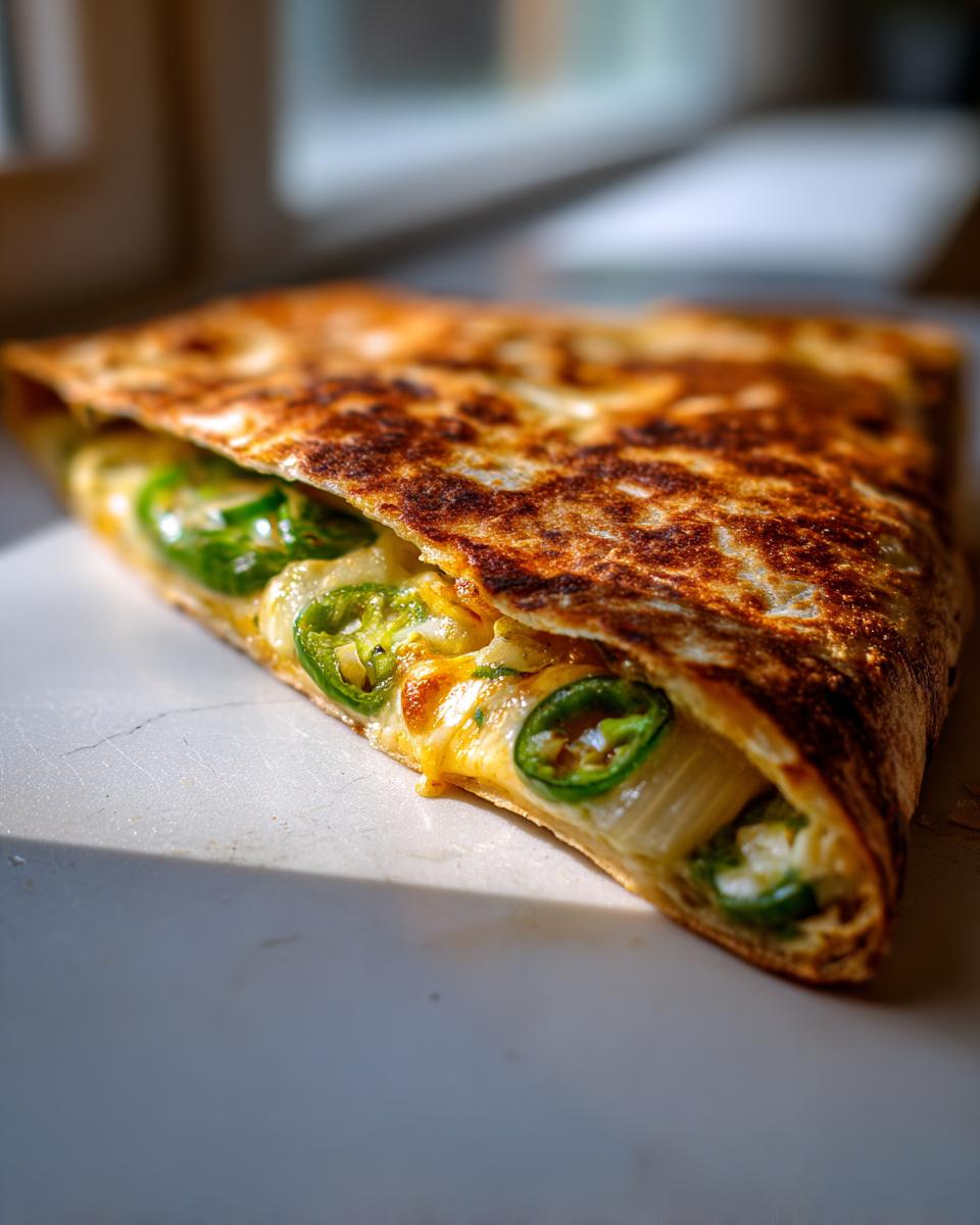 A close-up of a perfectly grilled Cheesy Jalapeno Onion Tortilla, showing melted cheese and bright green jalapeno slices.