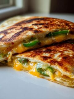 Two halves of a perfectly grilled Cheesy Jalapeno Onion Tortilla, showing melted cheese and bright green jalapeno slices.
