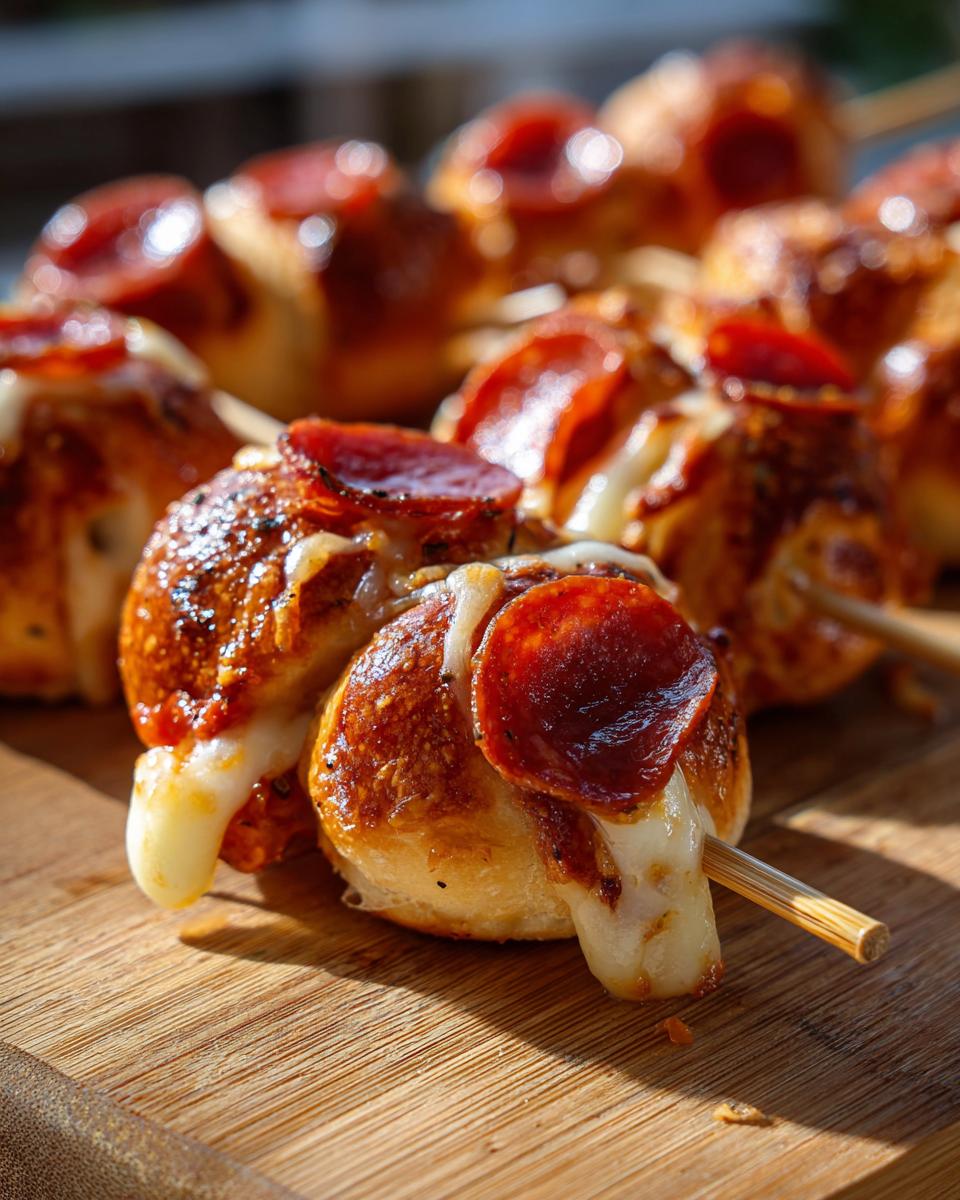 Close-up of gooey, melted cheese oozing from warm Bagel Bite Skewers topped with pepperoni on a wooden board.