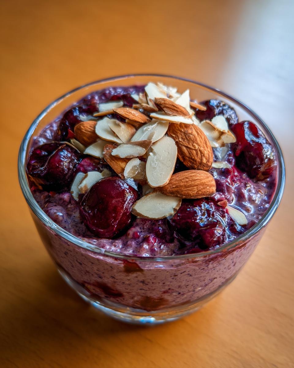 Close-up of Cherry Almond Overnight Oats topped with whole cherries and sliced almonds.