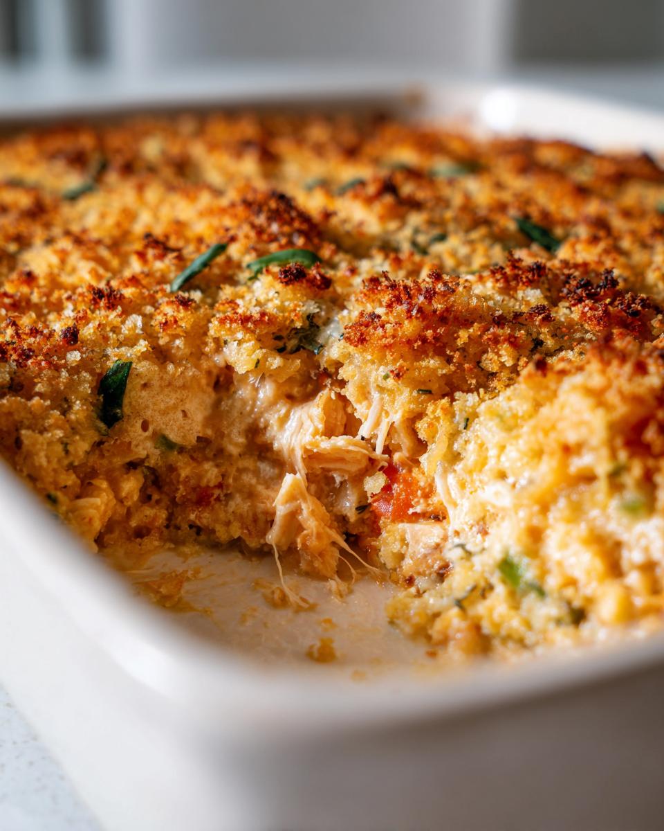 Close-up of a scoop taken out of a Chicken Poblano Casserole showing shredded chicken and a crispy, golden breadcrumb topping.