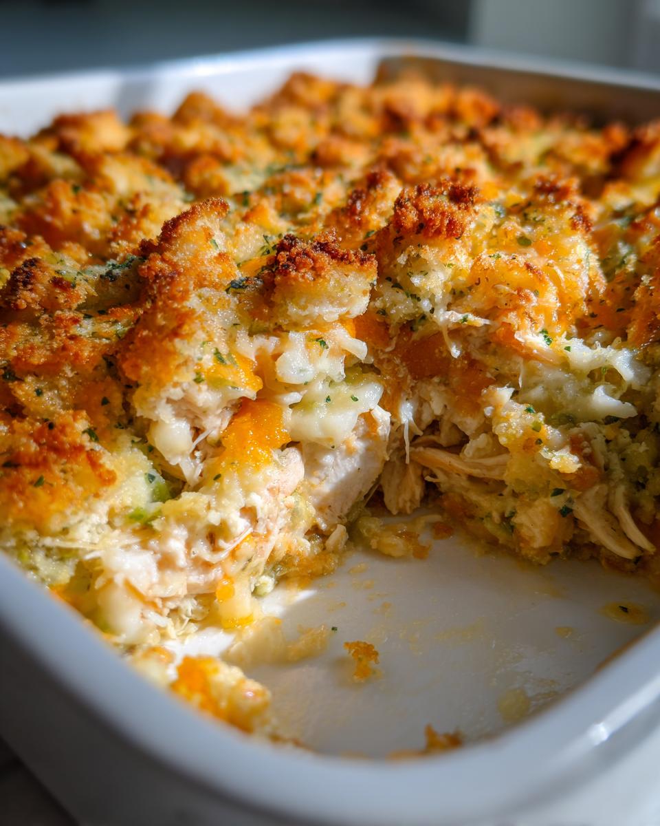 A close-up view of a scoop taken from a golden-brown Chicken Poblano Casserole showing shredded chicken and melted cheese.