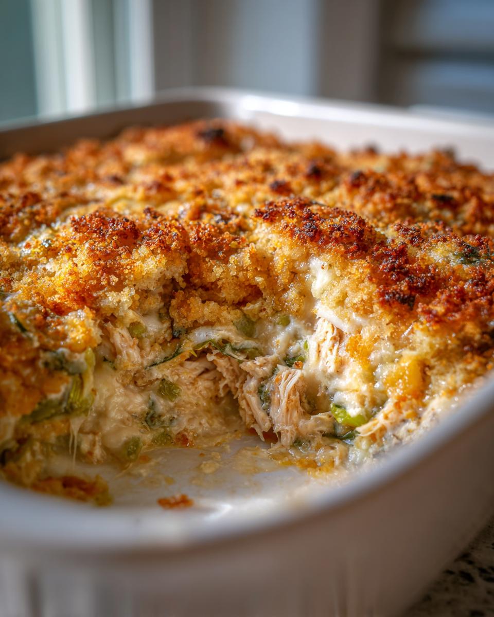 A scoop removed from a creamy Chicken Poblano Casserole showing shredded chicken, green peppers, and a golden, crunchy breadcrumb topping.