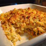 Close-up of a baked Chicken Poblano Casserole with a golden, crunchy breadcrumb topping.