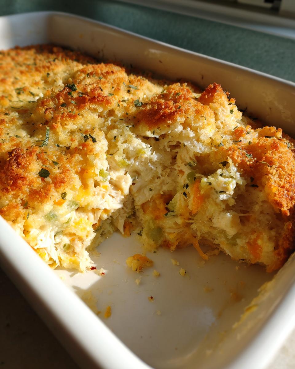 Close-up of a scoop taken from a baked Chicken Poblano Casserole showing shredded chicken and vegetables under a golden, crispy topping.
