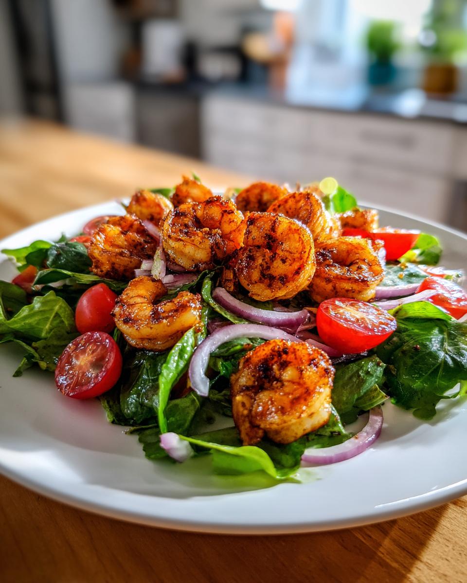 Close-up of a plate featuring seasoned Chili Lime Shrimp Salad over spinach, red onion, and halved cherry tomatoes.