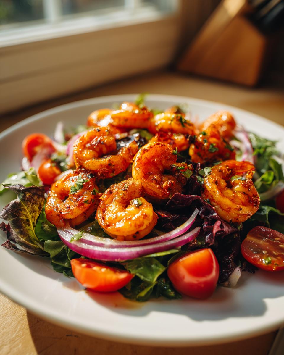 Close-up of Chili Lime Shrimp Salad featuring seasoned shrimp over mixed greens, red onion, and cherry tomatoes.