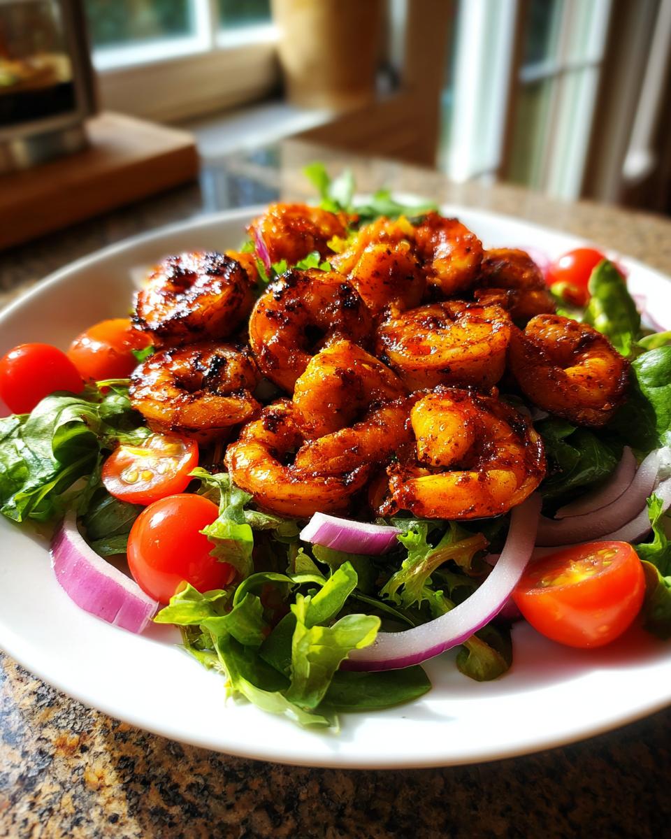 Close-up of perfectly seasoned shrimp piled high on a bed of greens for Chili Lime Shrimp Salad.