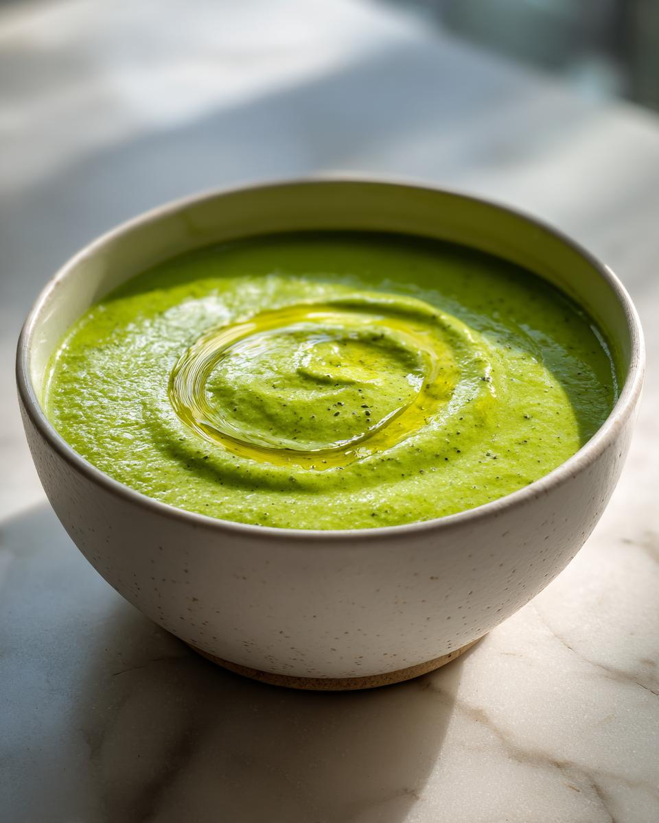 A vibrant green bowl of Chilled Cucumber Avocado Soup, garnished with a swirl of olive oil.