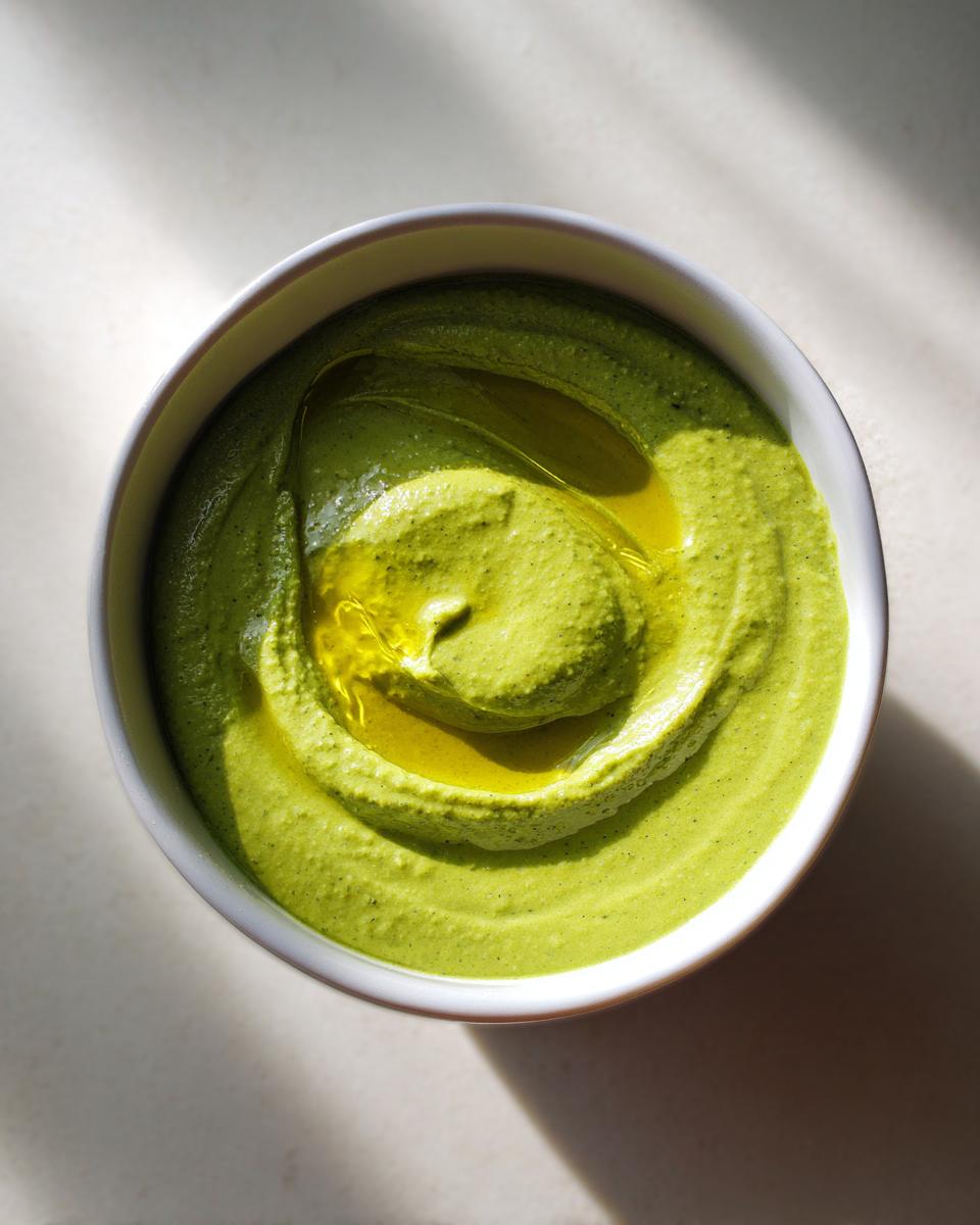 Overhead view of bright green Chilled Cucumber Avocado Soup swirled in a white bowl, drizzled with olive oil.