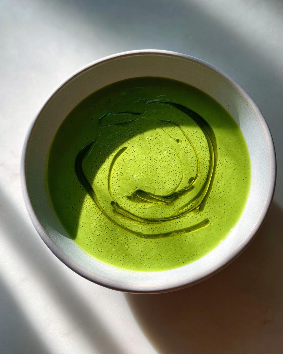 Overhead shot of bright green Chilled Cucumber Avocado Soup in a light bowl, swirled with olive oil.
