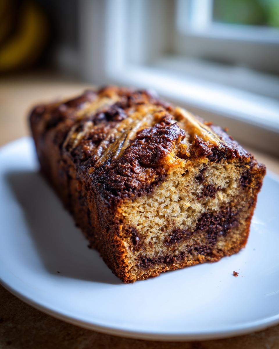 A golden-brown loaf of Chocolate Banana Bread with a swirled chocolate center, resting on a white plate.