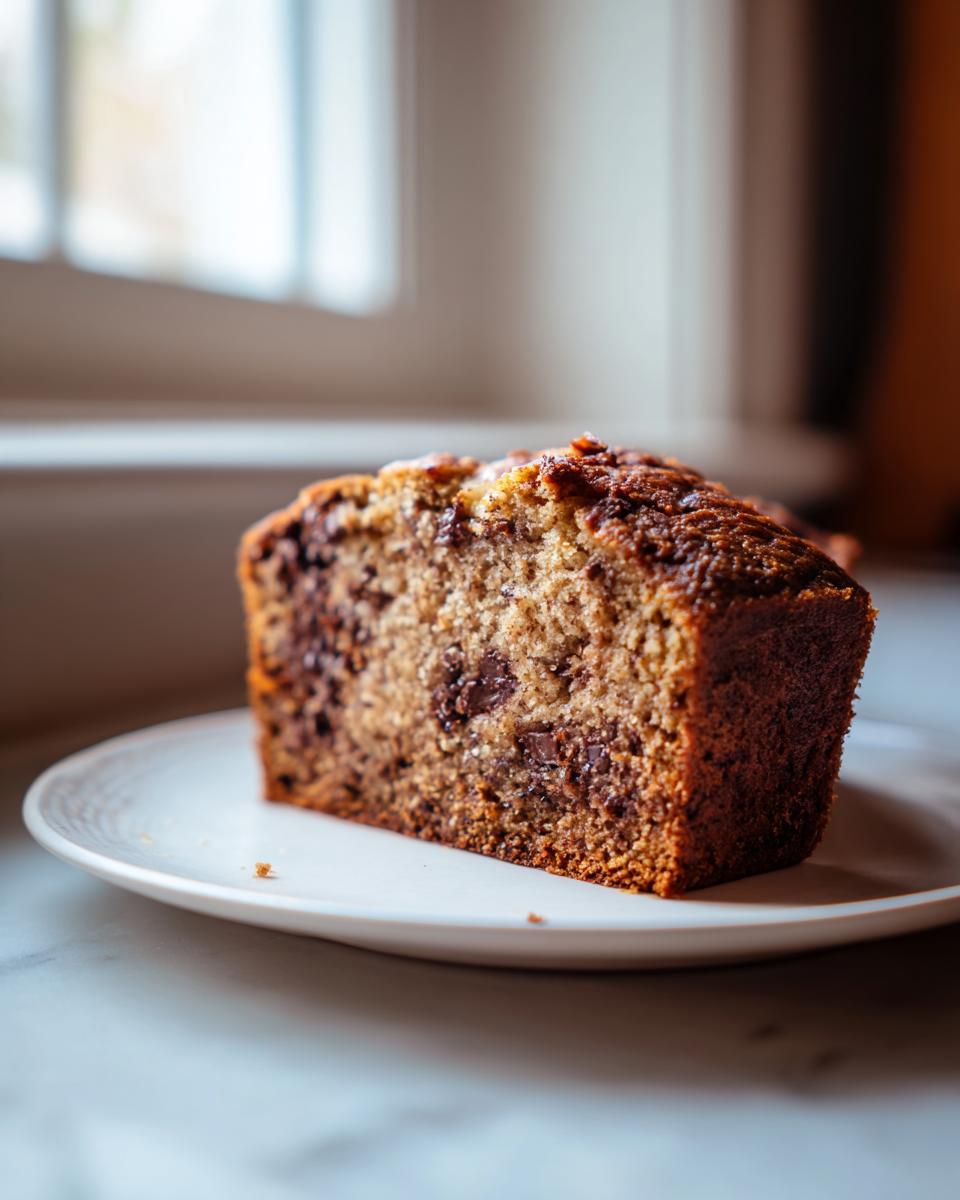 A thick slice of moist Chocolate Banana Bread studded with melted chocolate chips, resting on a white plate.