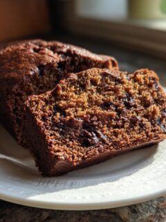 A slice of rich, dark Chocolate Banana Bread showing moist texture and melted chocolate chips.