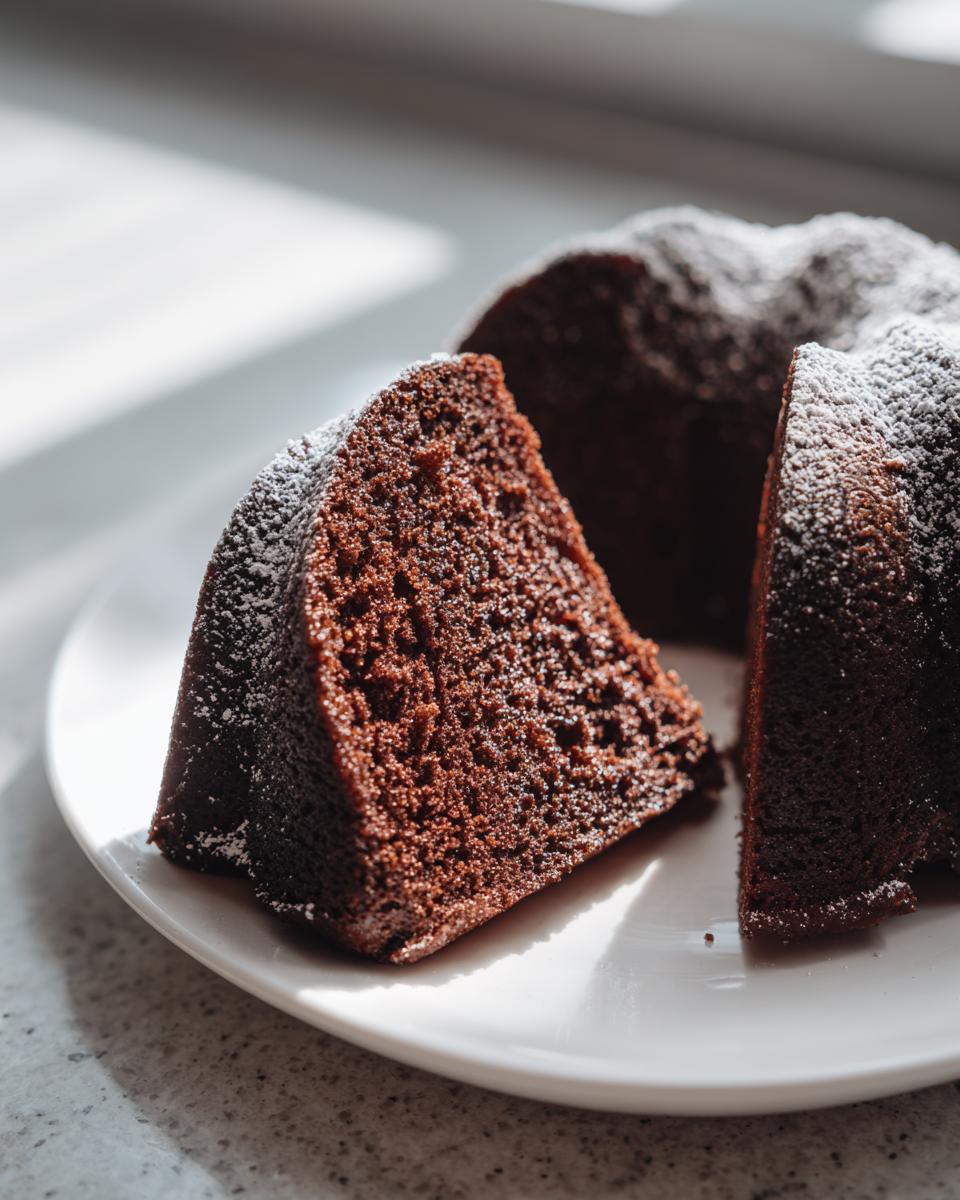 A slice cut from a dark Chocolate Bundt Cake, dusted with powdered sugar, sitting on a white plate.
