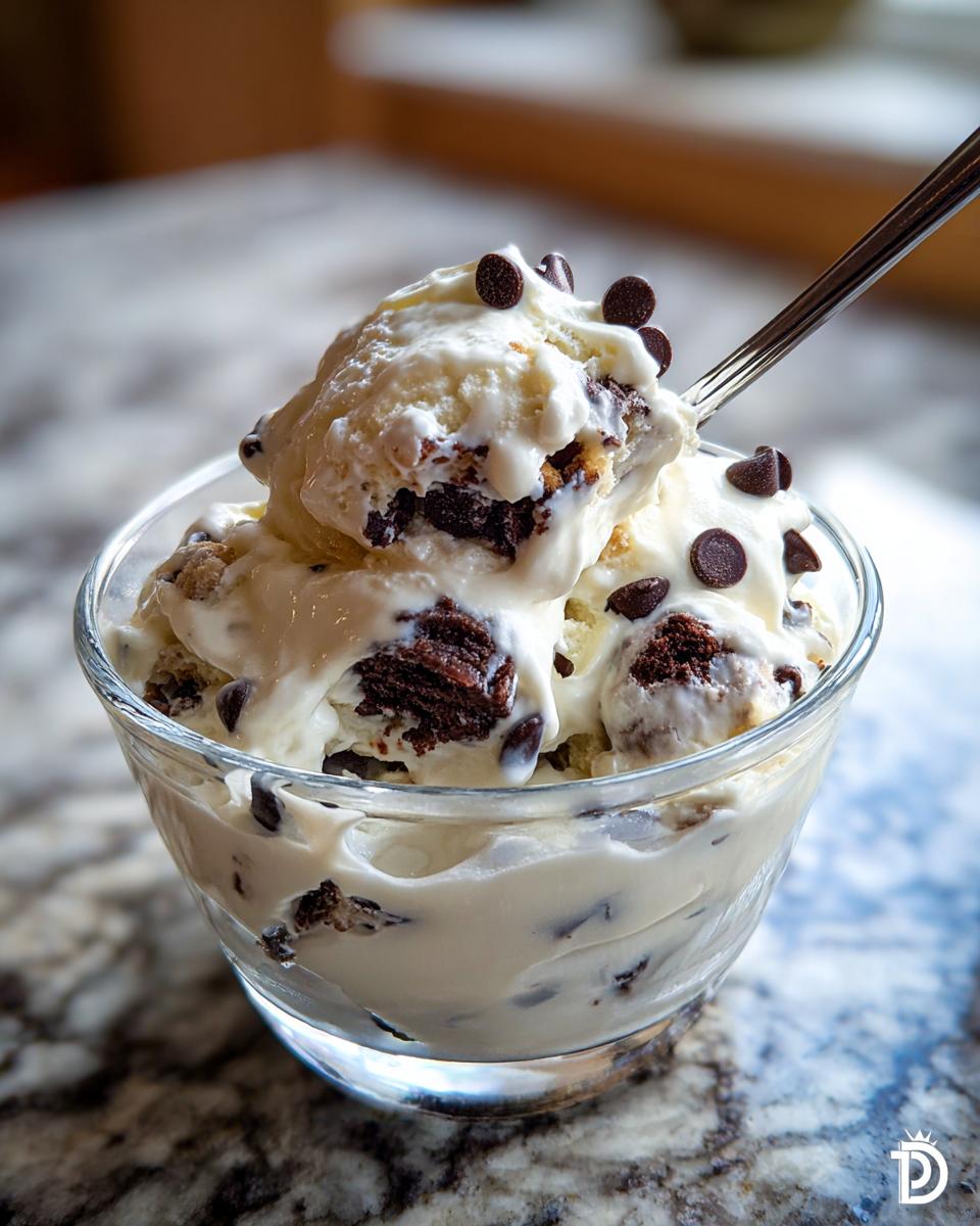 A scoop of creamy Chocolate Chip Cookie Dough Yogurt Delight topped with mini chocolate chips, served in a clear glass bowl.
