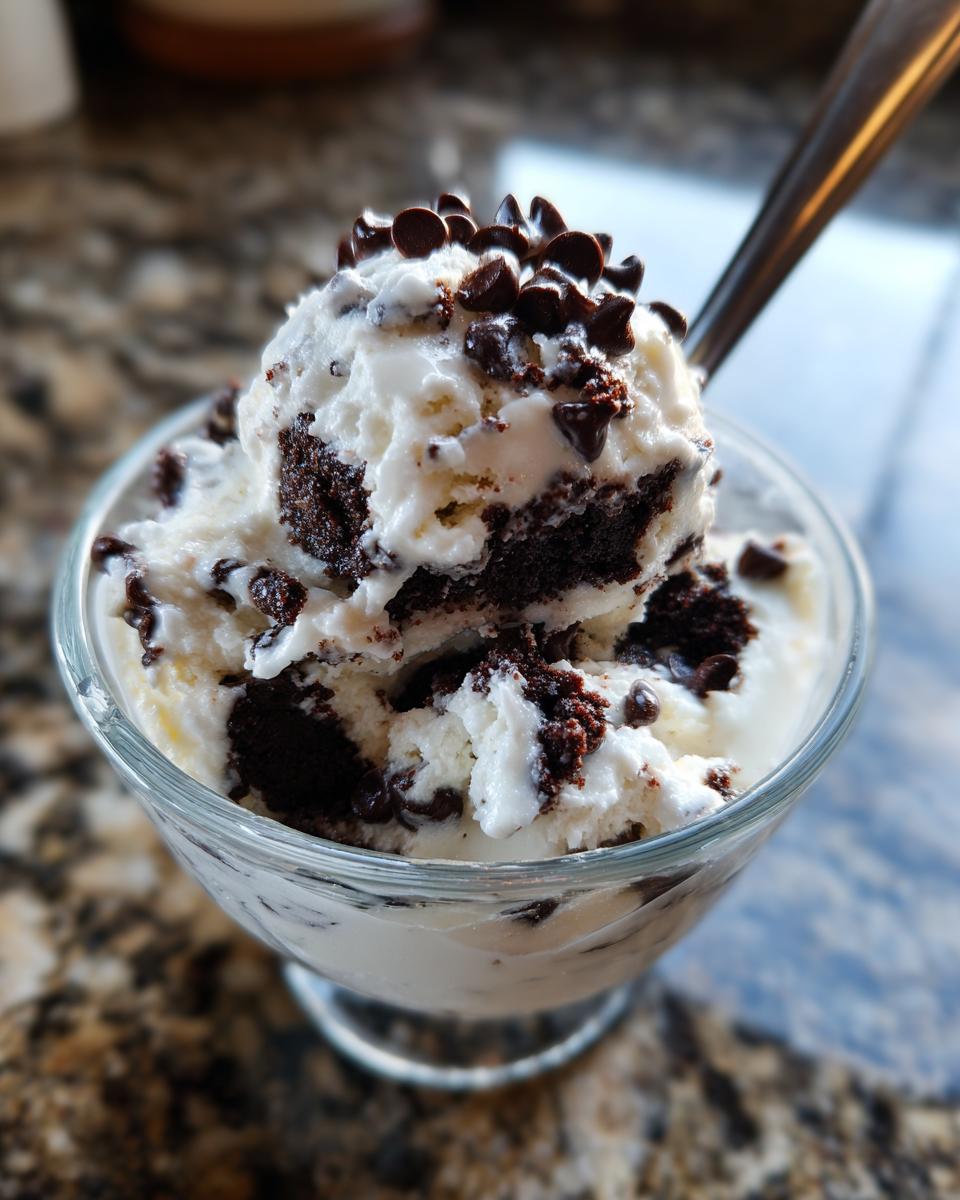 Close-up of Chocolate Chip Cookie Dough Yogurt Delight, showing creamy yogurt mixed with dark cookie dough pieces and topped with mini chocolate chips.