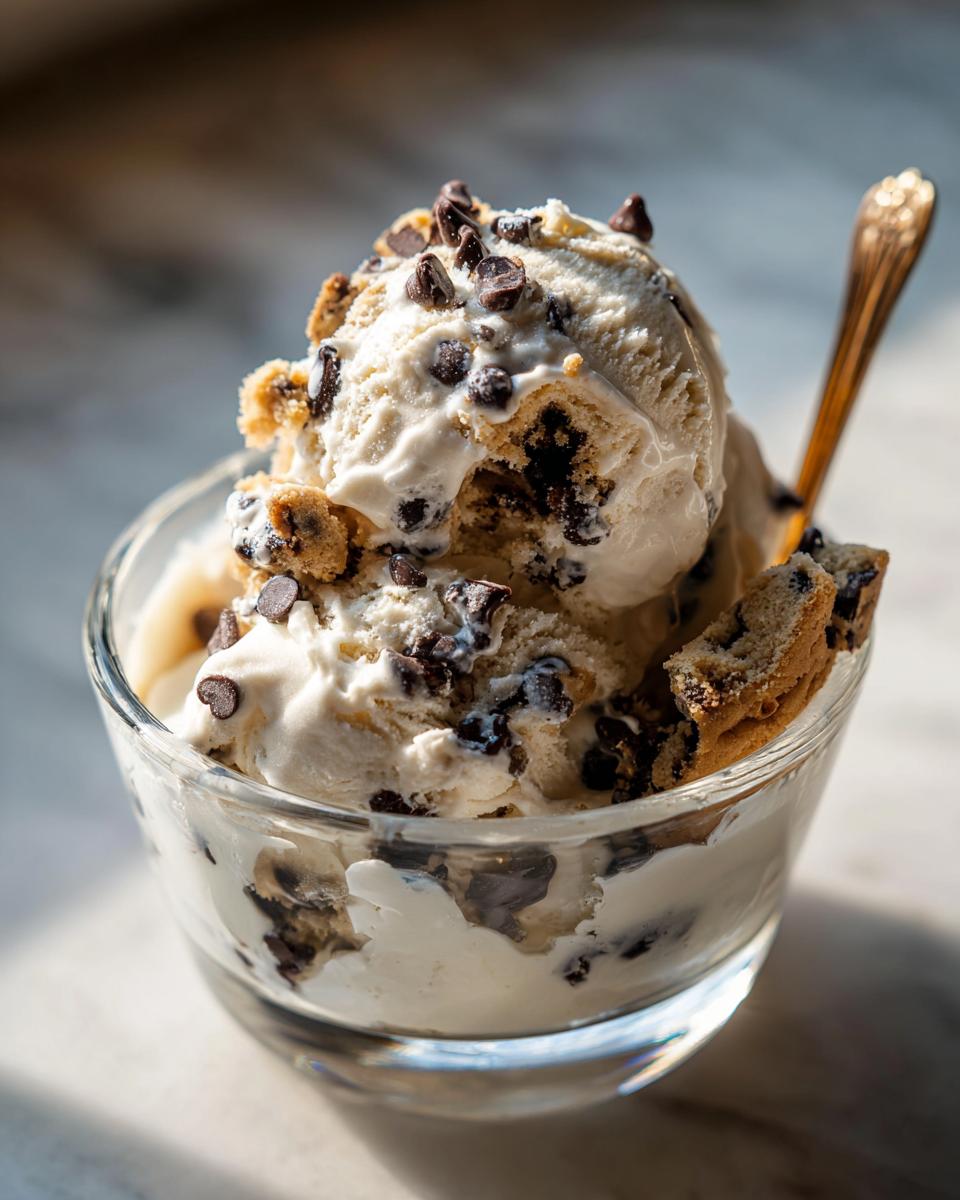 Close-up of Chocolate Chip Cookie Dough Yogurt Delight, topped with mini chips and cookie pieces.