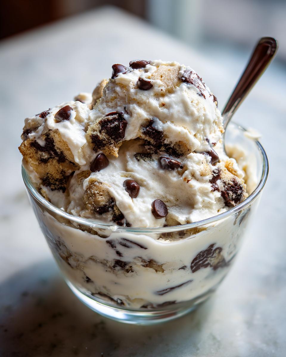 Two scoops of creamy Chocolate Chip Cookie Dough Yogurt Delight mixed with cookie pieces and chocolate chips in a glass.