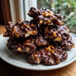 A tempting stack of glossy Chocolate Dipped Trail Mix Clusters piled high on a rustic white plate.