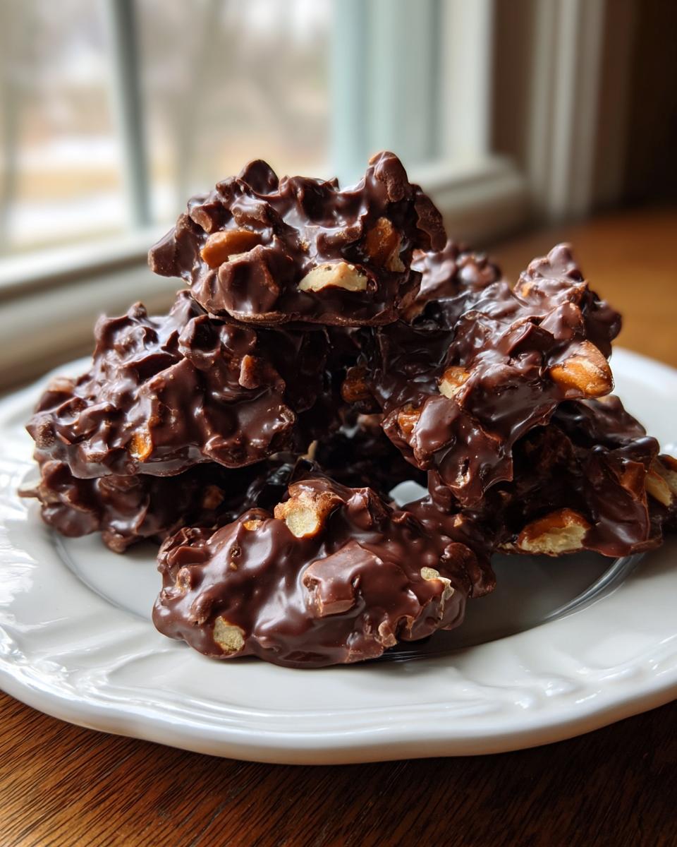 A pile of rich, dark Chocolate Dipped Trail Mix Clusters featuring visible nuts, served on a white plate.