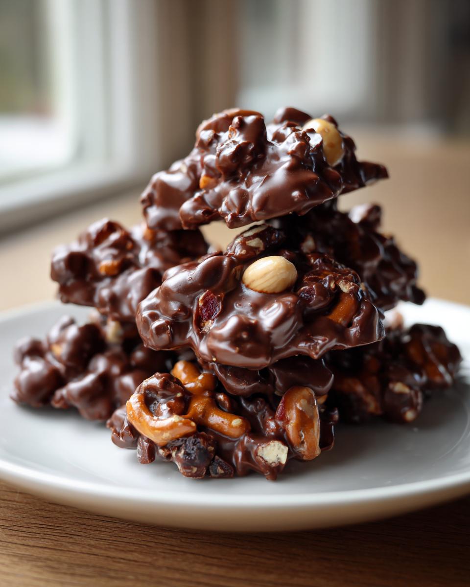 A stack of rich, glossy Chocolate Dipped Trail Mix Clusters featuring nuts and pretzels on a white plate.