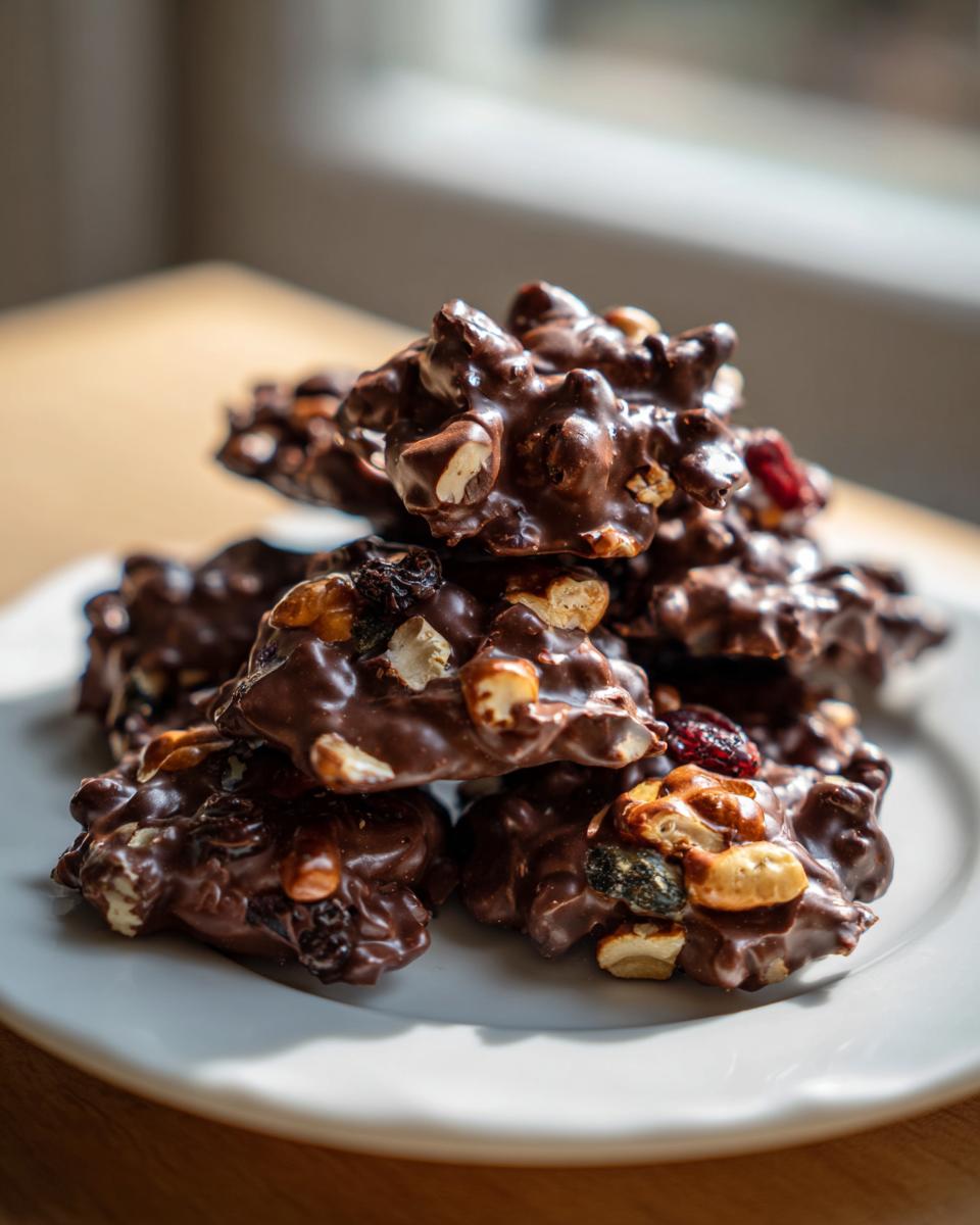 A close-up stack of glossy Chocolate Dipped Trail Mix Clusters filled with nuts and dried fruit on a white plate.