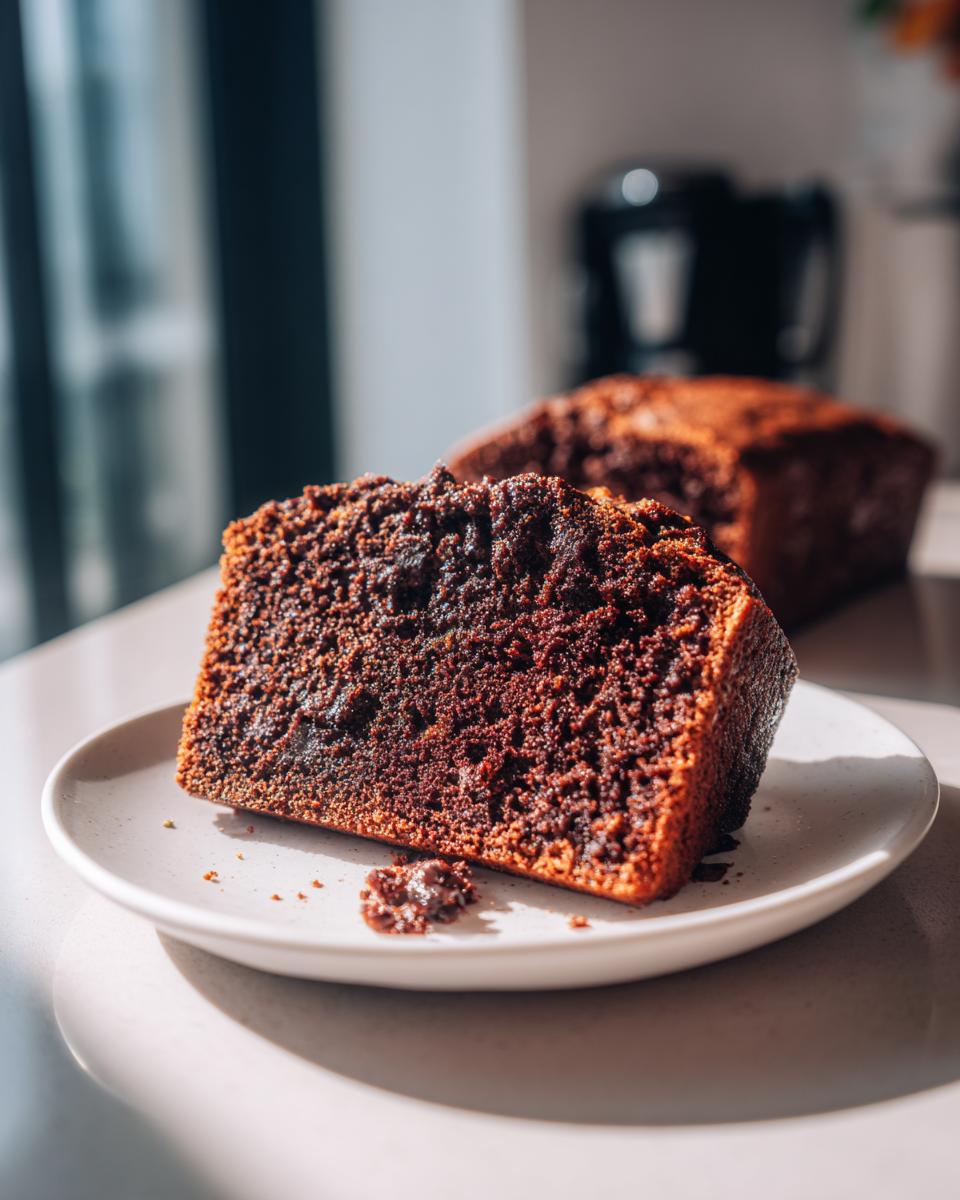 A close-up of a moist slice of dark Chocolate Zucchini Bread on a small plate.