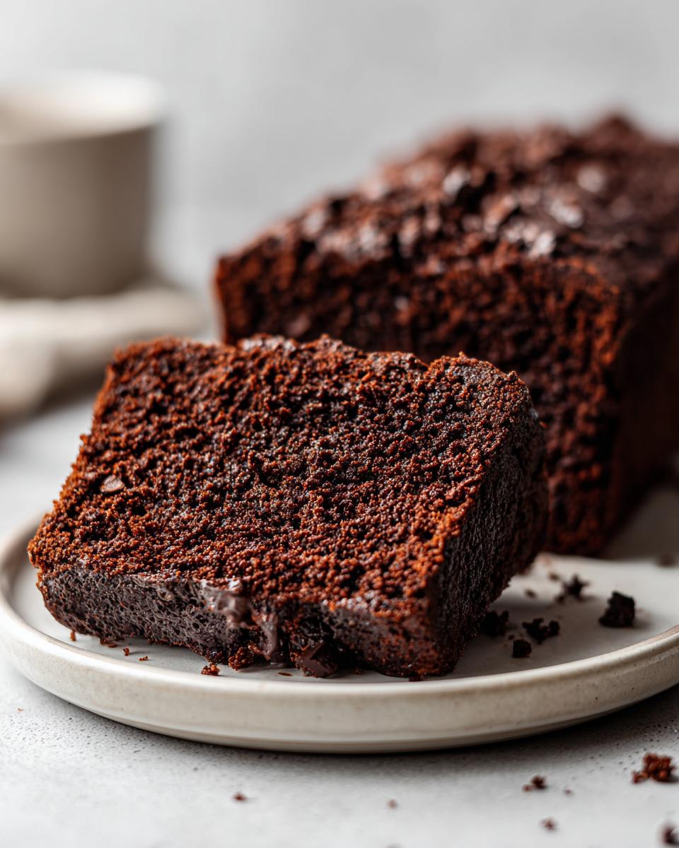 Close-up of a moist slice of dark Chocolate Zucchini Bread Magic on a plate, with the rest of the loaf blurred in the background.
