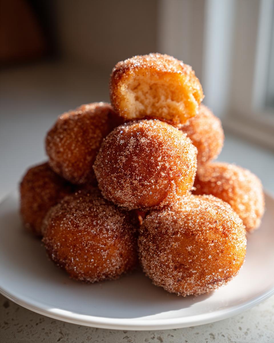 A stack of golden brown Churro Pumpkin Bites generously coated in cinnamon sugar, with one bite broken open showing the soft interior.