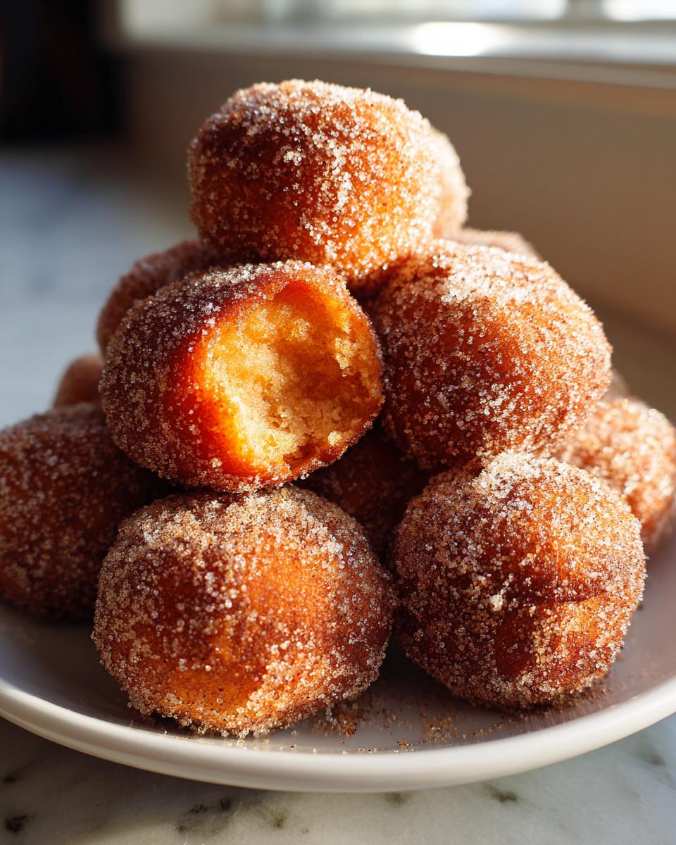 A stack of golden brown Churro Pumpkin Bites heavily coated in cinnamon sugar, with one bite broken open.